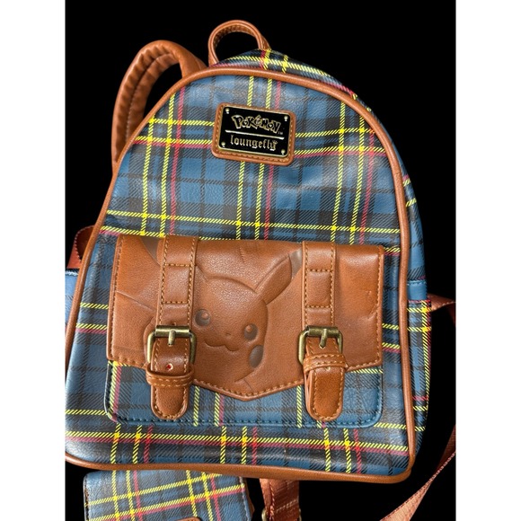 Loungefly Pokemon Pikachu Plaid Mini Backpack Wallet Set Tan Brown Blue Yellow - Picture 3 of 7